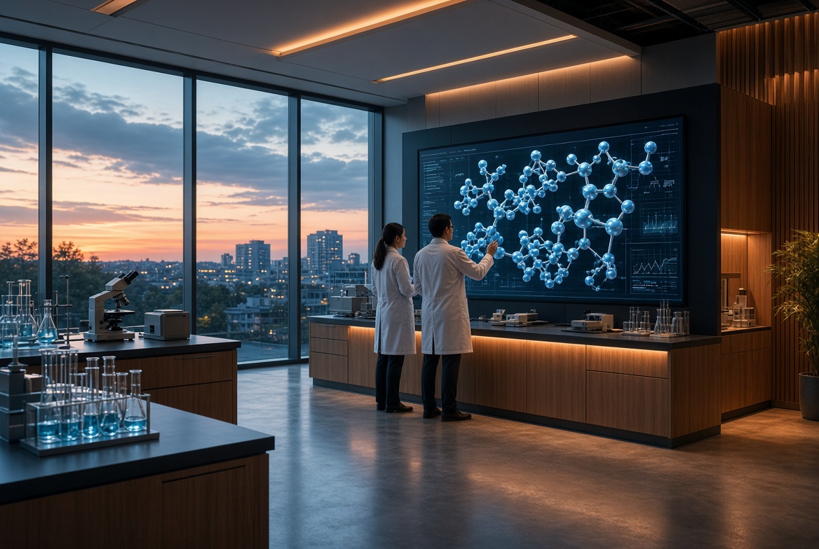 Researchers examining a molecular model in a laboratory
