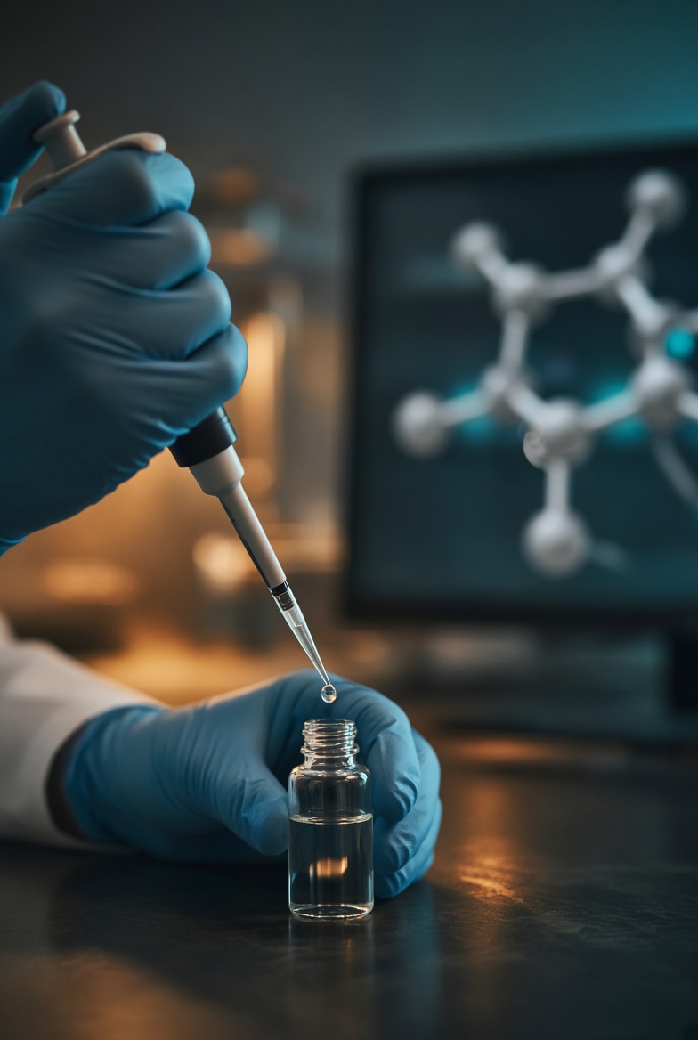 Gloved hands working with a pipette at a laboratory bench
